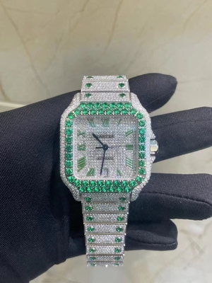 Reloj de muñeca de lujo de metal de diamante de laboratorio con dorado blanco y brazalete de conexión de baguette helado