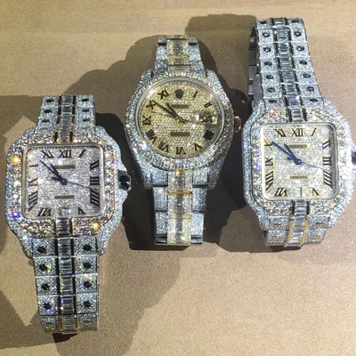 Acero inoxidable con hielo de mano VVS Moissanite Laboratorio Diamantes Reloj de lujo