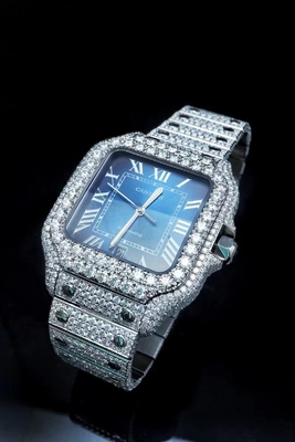 OEM Blue Dial Reloj de Moissanite con hielo Reloj Brand Bussdown